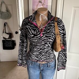 Y2k 2000s Zebra Print Fleece quarter zip sweater